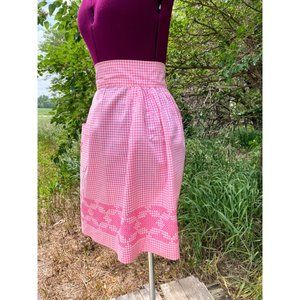 Vintage 1950s Half Apron Pink Gingham Check Smocked Stars Farmhouse